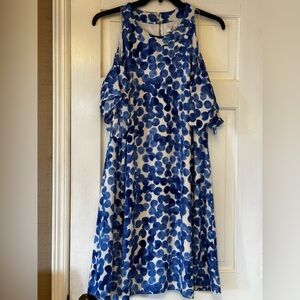 London Times White Midi Dress with Blue Watercolor Dot Print